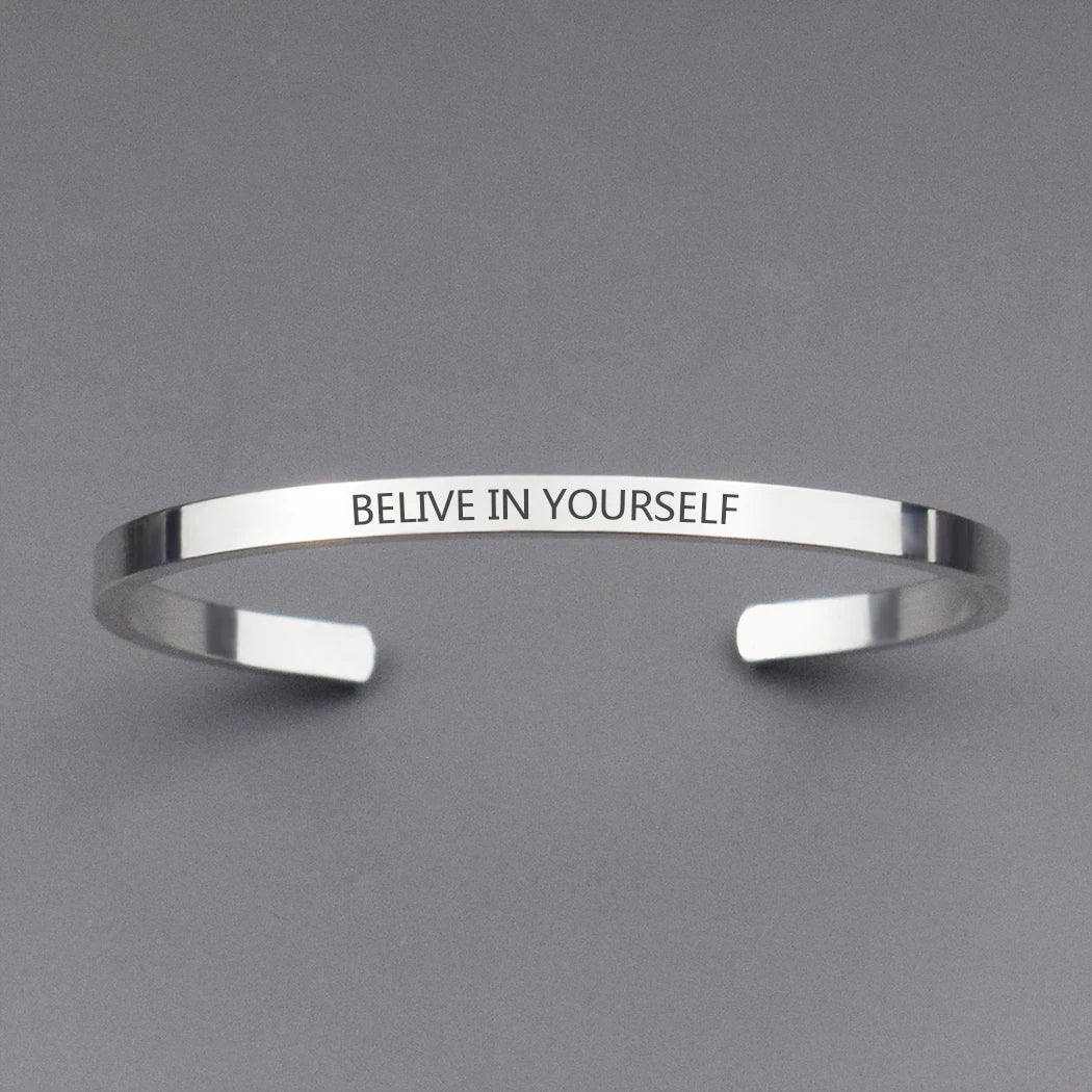 (A7 wish collection) Simple Inspirational Letters Engraved Proverb Bracelet Copper Alloy Cuff Bangle Bracelet for luck