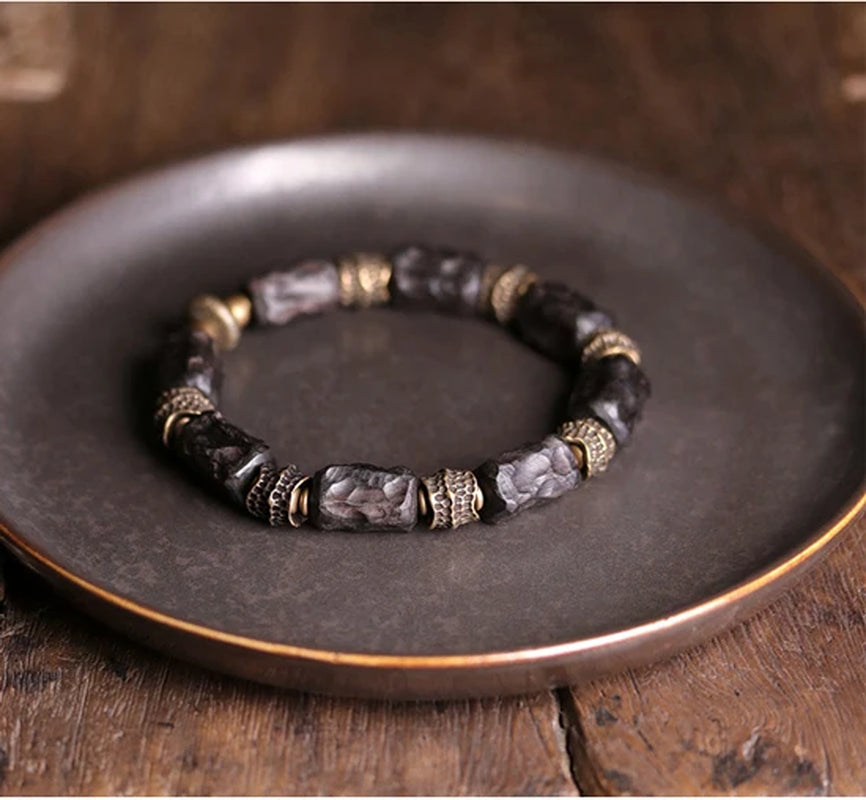 (A7 ENERGY optimizer) Hand Processed Strip Ebony Bracelet Do Old Hammered Copper Concave Convex Texture Black Wood Jewelry Men Women Individual Bangle
