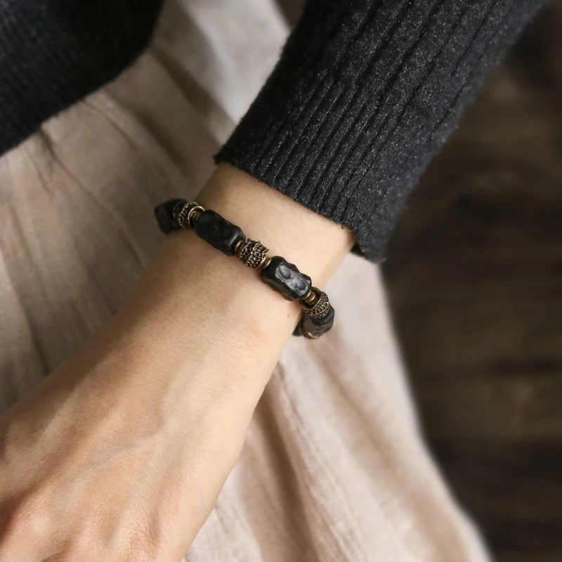 (A7 ENERGY optimizer) Hand Processed Strip Ebony Bracelet Do Old Hammered Copper Concave Convex Texture Black Wood Jewelry Men Women Individual Bangle