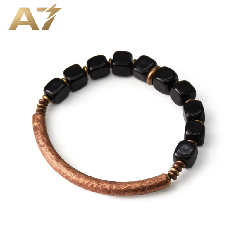 A7 Cubic Black Obsidian Bracelet with Handcrafted Antique Copper Accessories Trendy Protection Stone Jewelry for Men and Women