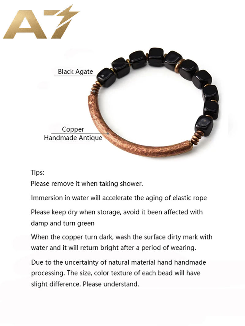 A7 Cubic Black Obsidian Bracelet with Handcrafted Antique Copper Accessories Trendy Protection Stone Jewelry for Men and Women