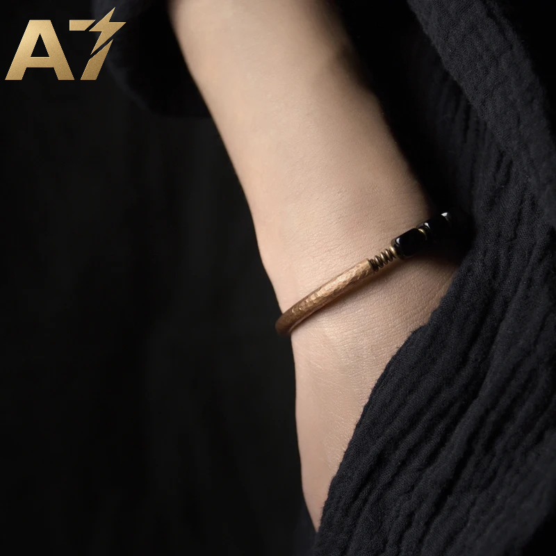 A7 Cubic Black Obsidian Bracelet with Handcrafted Antique Copper Accessories Trendy Protection Stone Jewelry for Men and Women