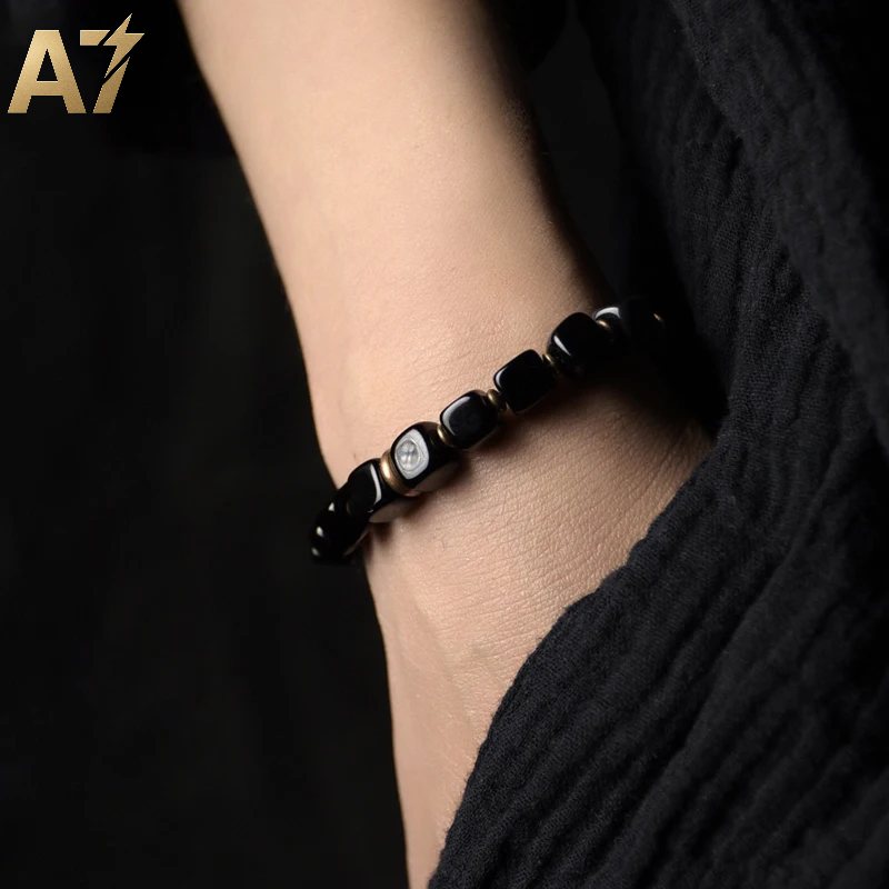 A7 Cubic Black Obsidian Bracelet with Handcrafted Antique Copper Accessories Trendy Protection Stone Jewelry for Men and Women