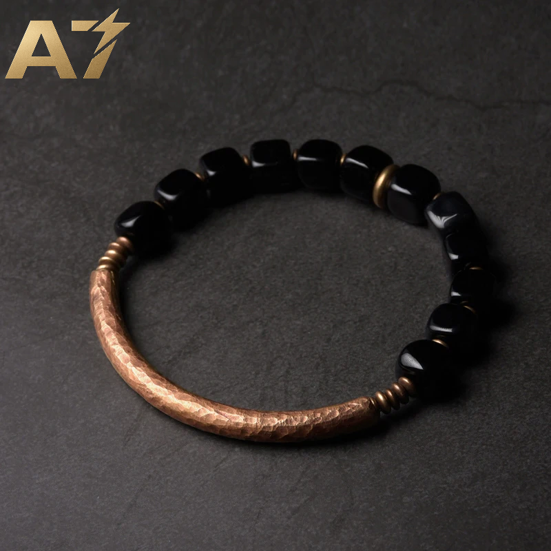 A7 Cubic Black Obsidian Bracelet with Handcrafted Antique Copper Accessories Trendy Protection Stone Jewelry for Men and Women