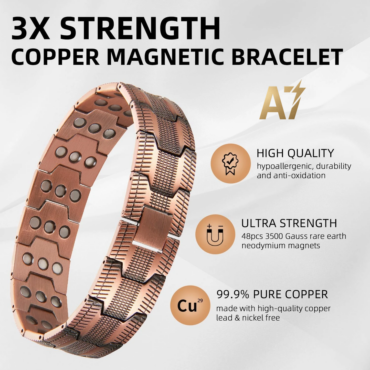 A7 Men'S Pure Copper Bracelet 3500 Gauss 3X Strength Magnetic Therapy Link Bracelets