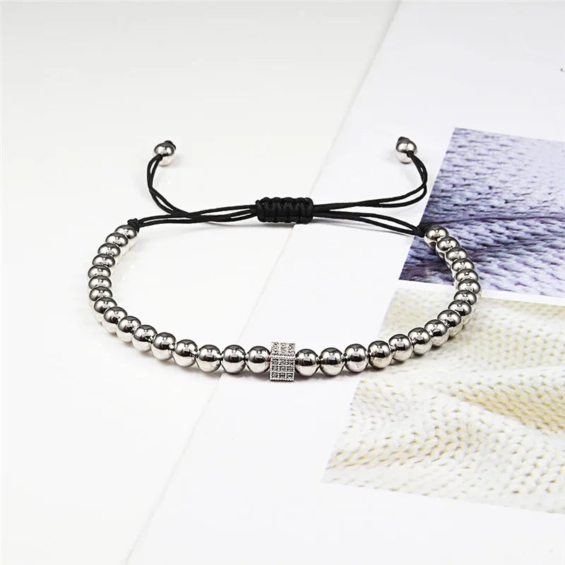 A7 CHARMING COLLECTION - Classical Handmade Braiding Bracelet Crown Cube Luxury 5Mm Copper Bead Stone Beaded Charm Adjustable Men Trendy Bracelet Jewelry