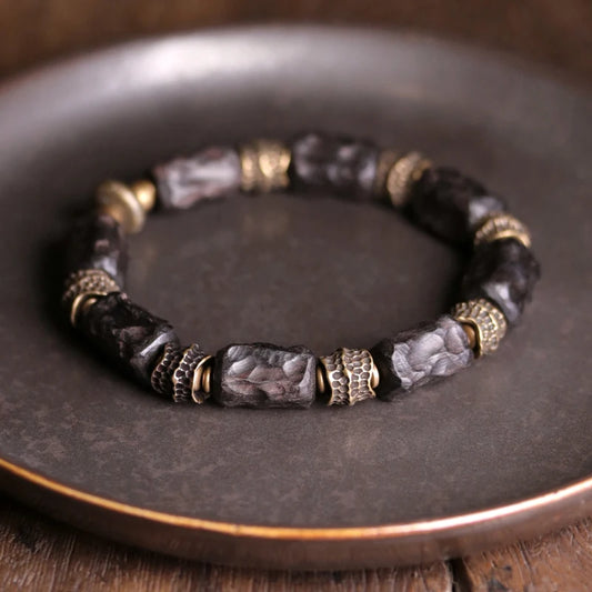(A7 ENERGY optimizer) Hand Processed Strip Ebony Bracelet Do Old Hammered Copper Concave Convex Texture Black Wood Jewelry Men Women Individual Bangle